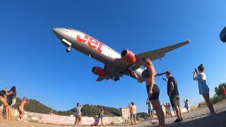 Skiathos airport jet blasts and insane low landings 4K [upl. by Santana428]