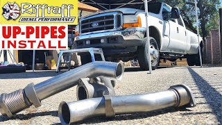 2001 F350 73  RiffRaff UpPipes Install  Stock up pipes leaking and falling apart JUNK SP [upl. by Feriga491]